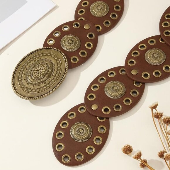 Women\'s Western Wide Disc Belt Vintage Hollow Rivet Cowgirl Boho PU Leather Belt